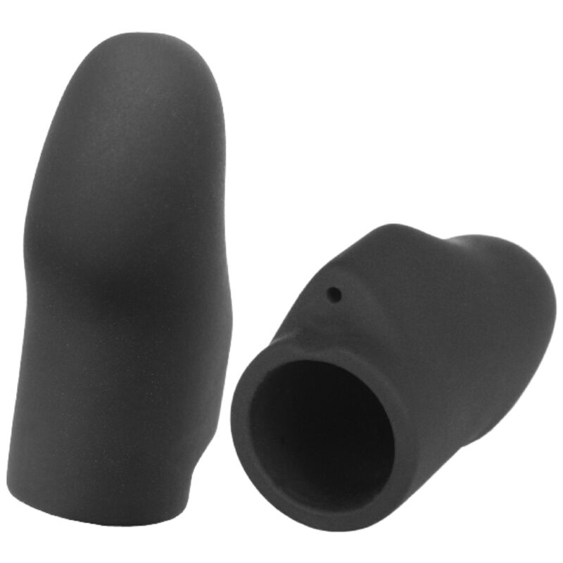 Deux manchons de doigts conducteurs ElectraStim en silicone noir, l'un debout l'autre couche montrant l'orifice, capuchons unipolaires pour electrostimulation douce.