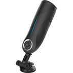 Milker Stroker noir sur son support a ventouse, vu de profil avec lisere lumineux bleu