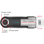 Milker Stroker - schema des commandes (modes, marche/arret, selection vocale, vitesse) et profondeur inserable de 120 mm