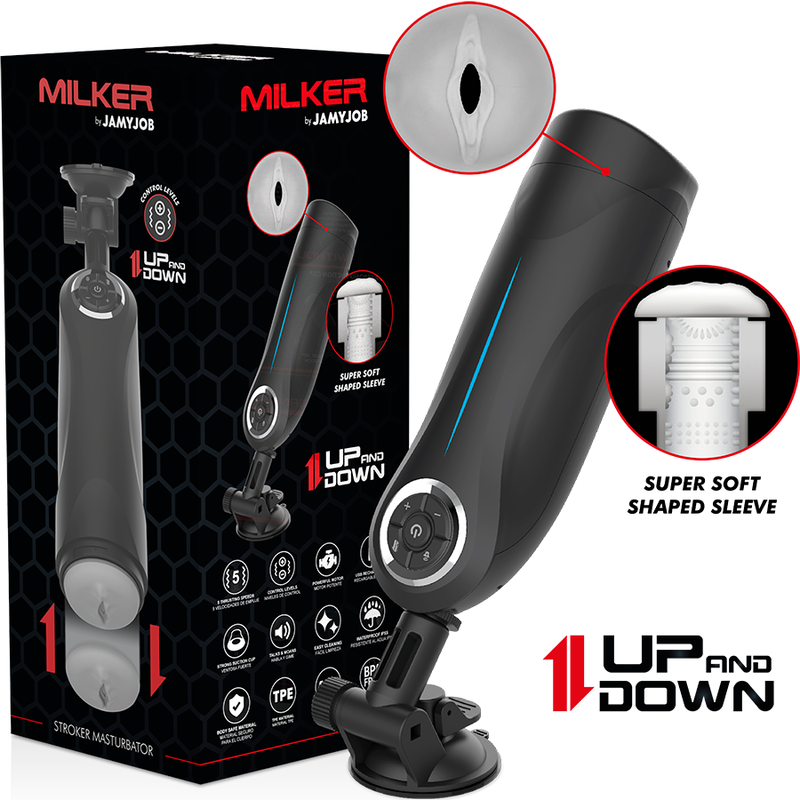 Emballage du Milker by Jamyjob a cote de l'appareil noir sur ventouse, fonction Up and Down et manchon ultra-doux