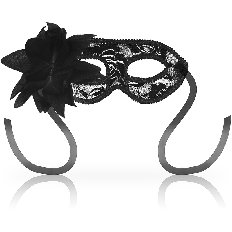 Masque loup en dentelle noire ajouree orne d'une fleur sur le cote, maintenu par un ruban satin, accessoire venitien unisexe pour ajouter du mystere a une soiree intime.