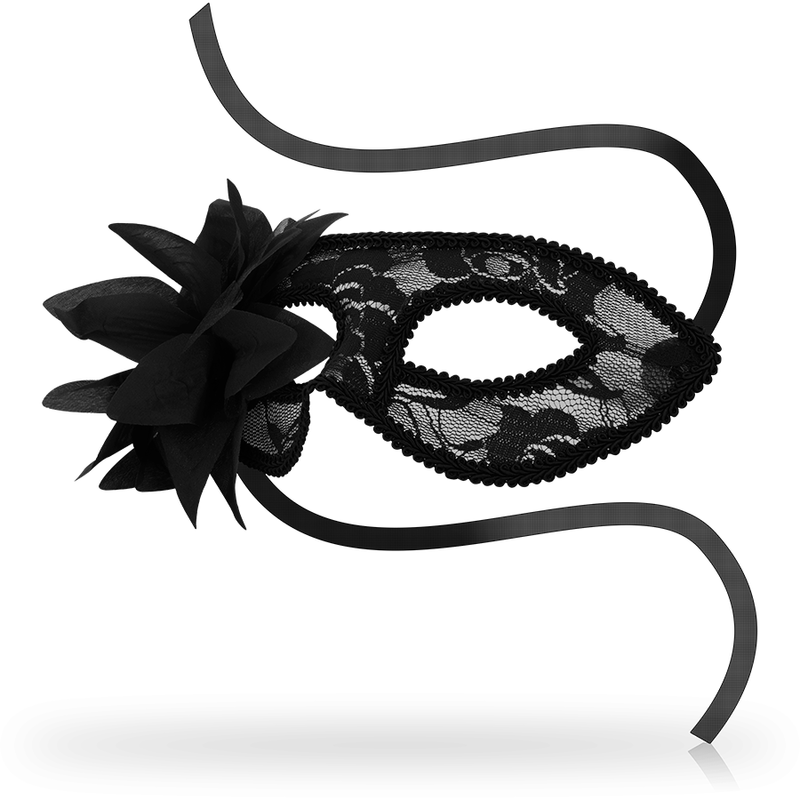 Masque venitien dentelle noire et grosse fleur laterale vu de face, rubans de satin ondules, structure rigide taille unique pour une allure glamour et mysterieuse.