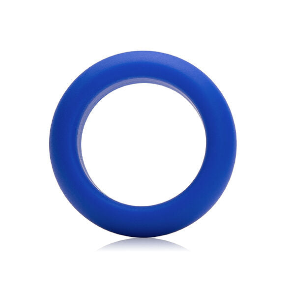 Anneau pénien bleu vu de face, large ouverture centrale ronde et tore en silicone lisse, modèle coloré présenté de front mettant en valeur l'anneau sur fond blanc parfaitement épuré.