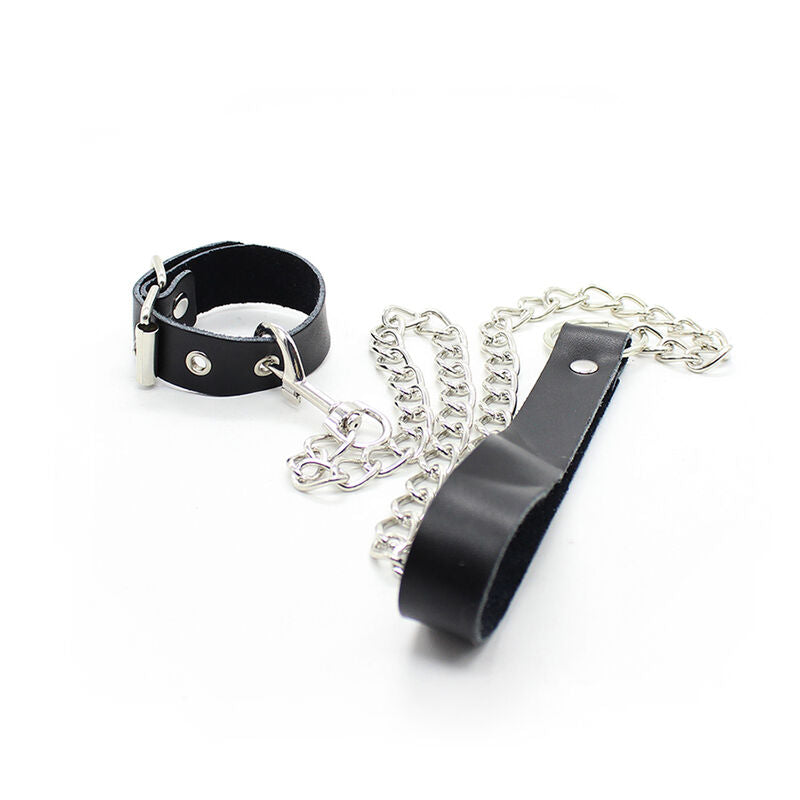 Collier pénis et bracelet en cuir avec chaîne métallique — détail produit