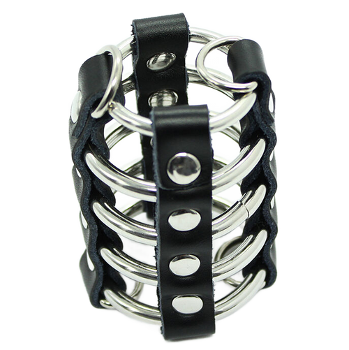 Cage de chasteté à anneaux métalliques et sangle cuir — vue principale