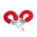 Menottes en metal doublees de fourrure rouge avec chaine et cles