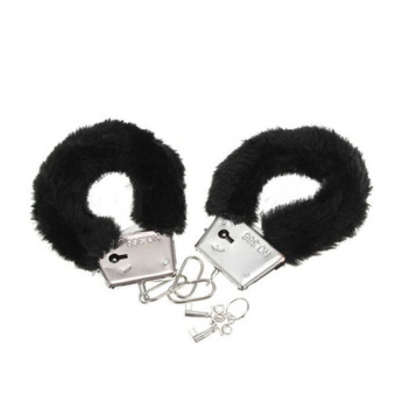 Menottes en metal doublees de fourrure noire avec chaine et cles
