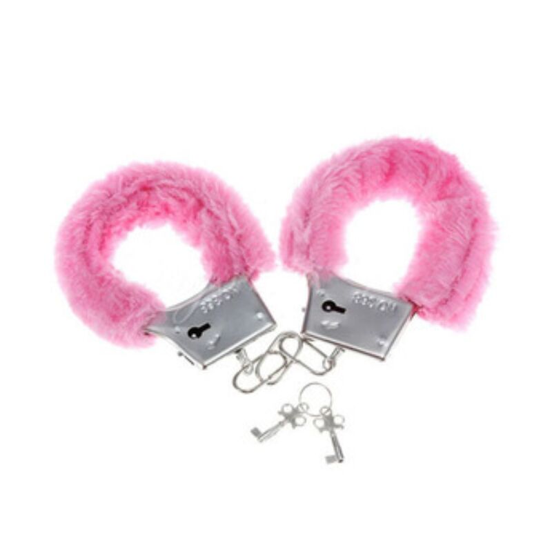 Menottes en metal doublees de fourrure rose avec chaine et cles