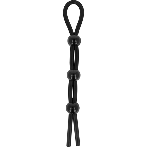 Cordon-coq Ohmama Fetish noir en silicone, vue verticale avec boucle pour le penis et cordons pour les testicules