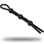 Cordon-coq Ohmama Fetish noir en silicone, vue en diagonale montrant la boucle et les trois anneaux coulissants