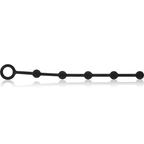 Chaîne anale en silicone noir Ohmama à plat, vue d'ensemble alignée avec l'anneau de retrait à gauche