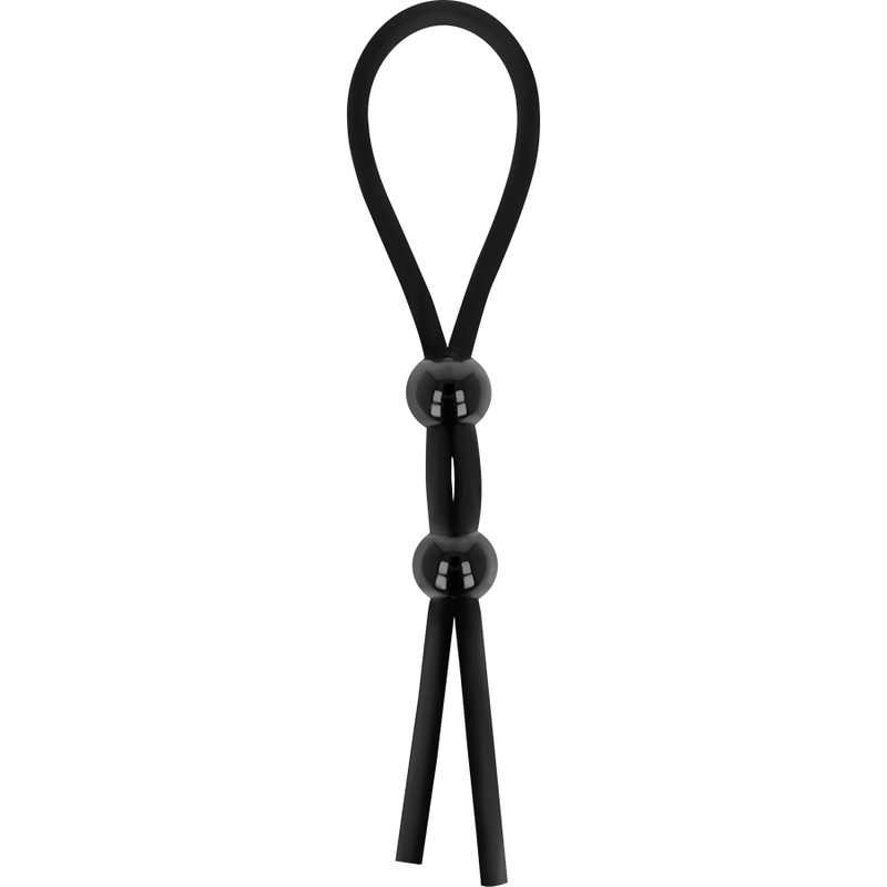 Cordon-coq Ohmama en silicone noir, vue verticale montrant les deux billes de réglage et le cordon fourchu