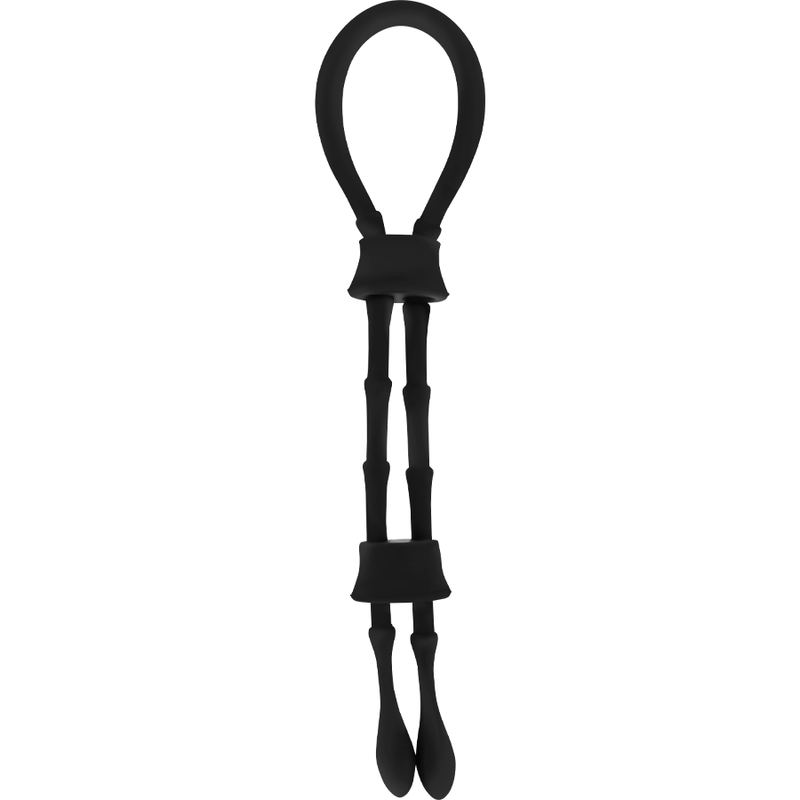 Anneau cordon-coq Ohmama en silicone noir, vue verticale montrant la grande boucle et les deux billes de maintien