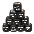 Pyramide de dix dés d'action noirs Diablo Picante avec inscriptions en espagnol (acaríciame, chúpame, tócame, bésame...)