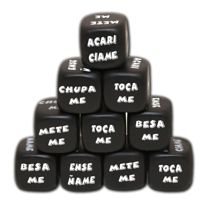 Pyramide de dix dés d'action noirs Diablo Picante avec inscriptions en espagnol (acaríciame, chúpame, tócame, bésame...)