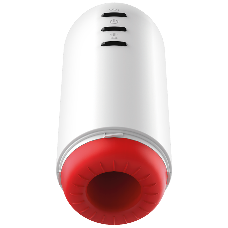 Masturbateur Rocket Jamyjob vu de trois quarts, boîtier blanc avec boutons de commande et embout rouge