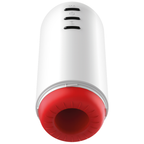 Masturbateur Rocket Jamyjob vu de trois quarts, boîtier blanc avec boutons de commande et embout rouge