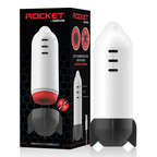 Masturbateur Rocket Jamyjob blanc et noir posé à côté de son emballage, câble USB visible à la base
