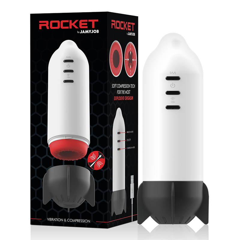 Masturbateur Rocket Jamyjob blanc et noir posé à côté de son emballage, câble USB visible à la base