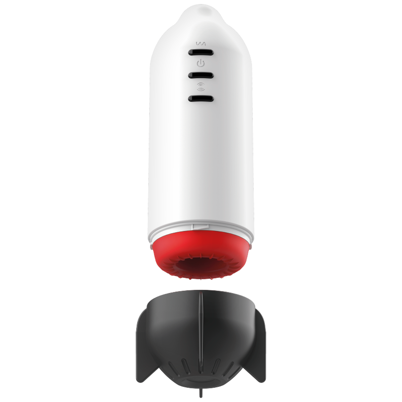 Masturbateur Rocket Jamyjob démonté, socle noir à ailettes séparé du corps blanc