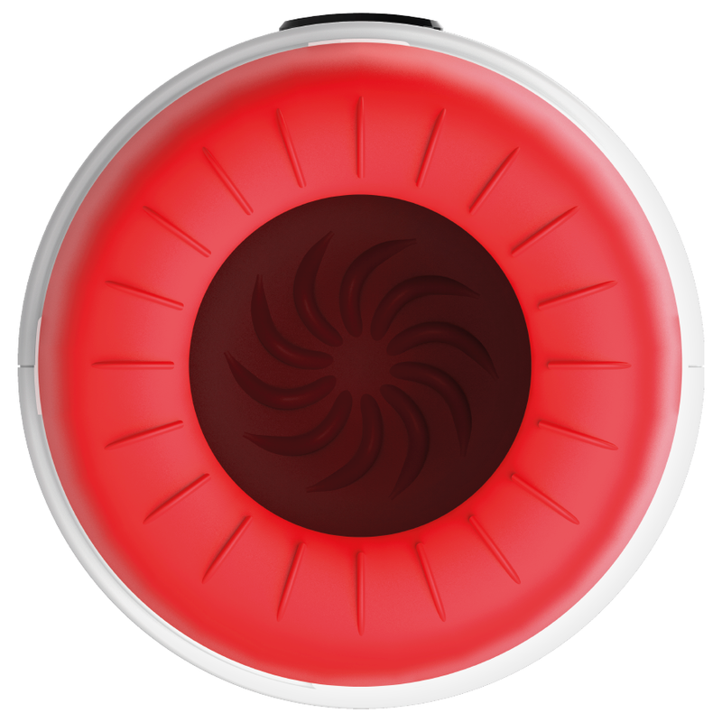 Gros plan sur l'orifice rouge du Rocket Jamyjob en compression, texture resserrée en sablier
