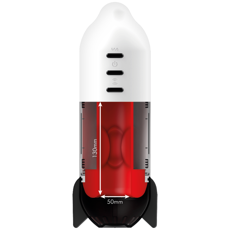 Masturbateur Rocket Jamyjob en coupe, schéma technique avec dimensions internes 130 mm de profondeur et 50 mm de diamètre
