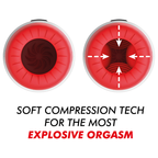 Gros plan comparatif de l'orifice rouge du Rocket Jamyjob au repos et en compression, avec flèches illustrant la technologie Soft Compression