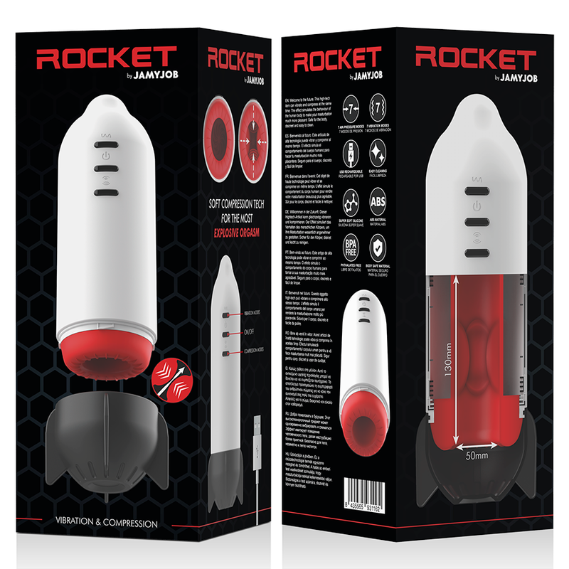 Emballage du Rocket Jamyjob, faces avant et arrière du carton noir avec pictogrammes des caractéristiques et code-barres