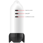 Masturbateur Rocket Jamyjob vu de face avec légendes des trois boutons : modes de vibration, marche/arrêt, modes de compression