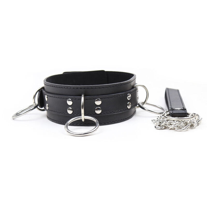 Collier de soumission à trois anneaux avec laisse — vue de profil