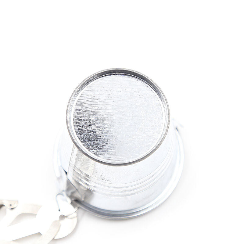 Seau metallique brillant presente de face avec son fond reflechissant, element de lestage de la pince a tetons BDSM Ohmama en metal sans nickel.