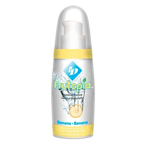 Flacon pompe ID Frutopia Banana de face, lubrifiant gourmand banane base eau naturellement sucre, etiquette jaune compatible preservatifs