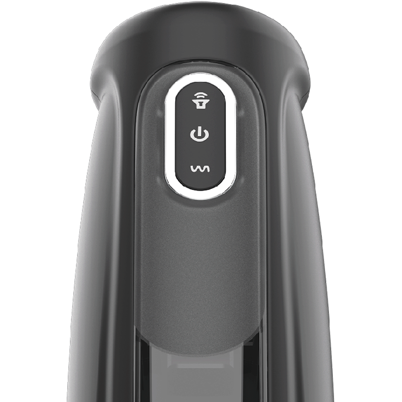 Gros plan sur le bloc de commande ovale du Tornado Jamyjob, avec les icônes son, marche/arrêt et vibration