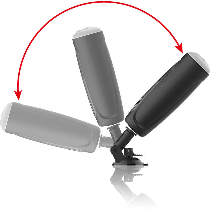 Illustration du débattement du bras articulé du Tornado Jamyjob, trois positions superposées reliées à la ventouse