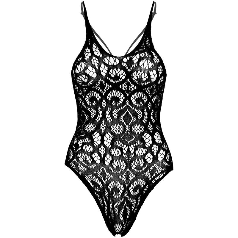 Body teddy en dentelle sans couture dos nu noir — détail texture surface