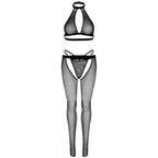 Ensemble lingerie résille dos nu, string et collants — détail texture surface