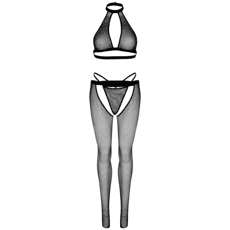 Ensemble lingerie résille dos nu, string et collants — détail texture surface