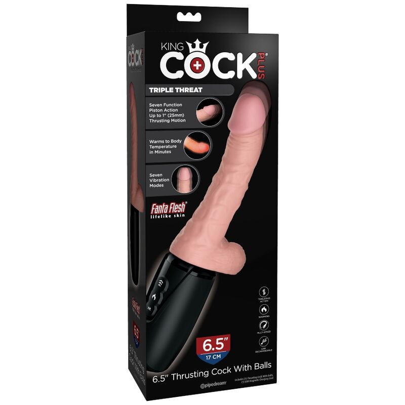 Boîte King Cock Triple Threat 6,5 pouces montrant le gode propulseur réaliste sur sa poignée moteur, packaging soulignant chaleur et va-et-vient.