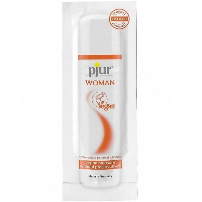 Sachet Pjur Woman Vegan, lubrifiant base eau accorde au pH des muqueuses feminines, vegan sans parfum ni colorant, compatible preservatifs et jouets.