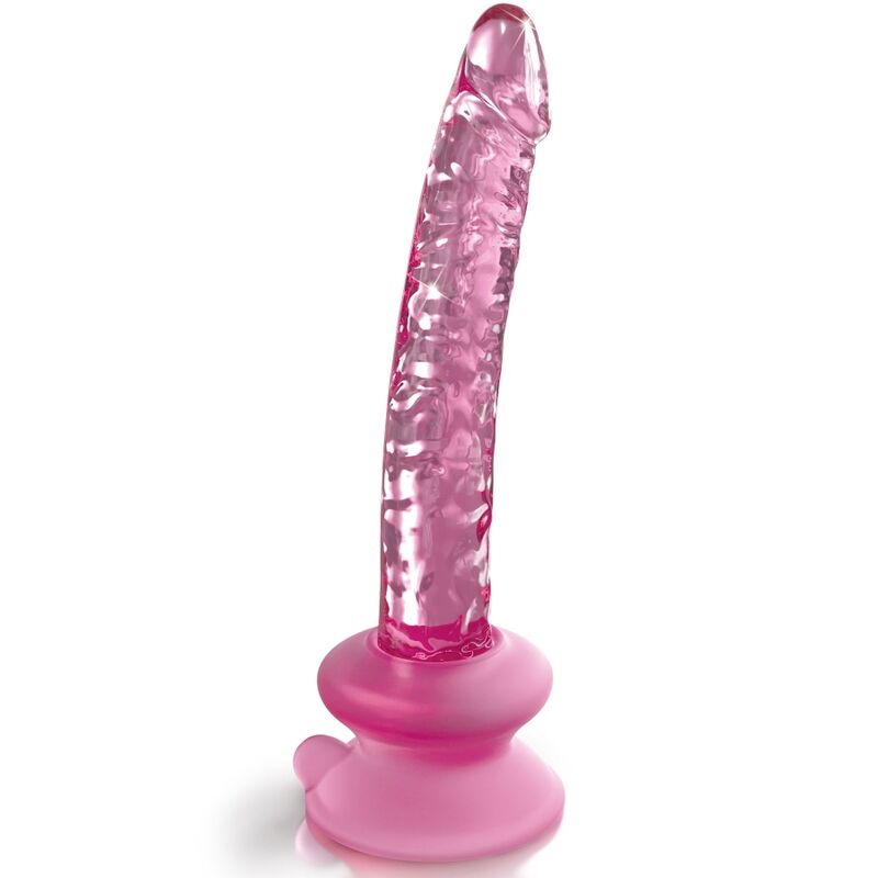 Gode fantaisie rose translucide a paillettes Icicles, surface lisse non realiste et legere torsade, large ventouse rose assortie, photo verticale sur fond blanc.