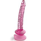 Gode fantaisie rose translucide a paillettes Icicles, surface lisse non realiste et legere torsade, large ventouse rose assortie, photo verticale sur fond blanc.