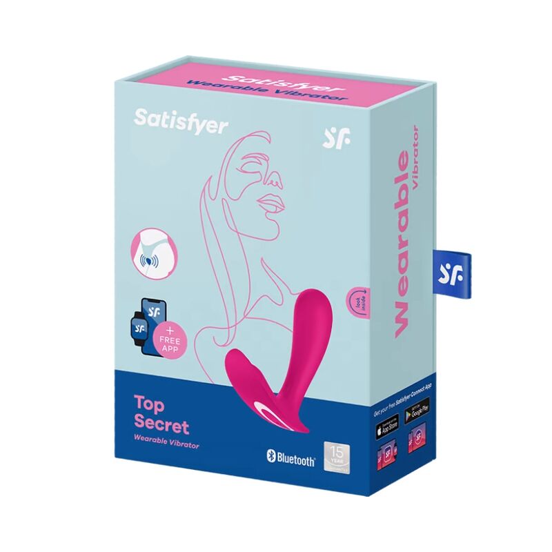 Boite Top Secret Wearable Vibrator Satisfyer, illustration au trait et vibromasseur culotte rose. Bluetooth, silicone, stimulation point G discrète à porter.