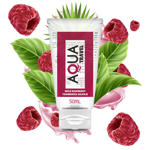 Tube Aqua Travel lubrifiant comestible saveur framboise sauvage 50 ml decore de framboises et feuillage vert, base eau, glisse longue duree pour le voyage
