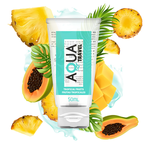 Tube Aqua Travel lubrifiant gourmand saveur fruits tropicaux 50 ml entoure d ananas, mangue et papaye avec splash turquoise, base eau format voyage