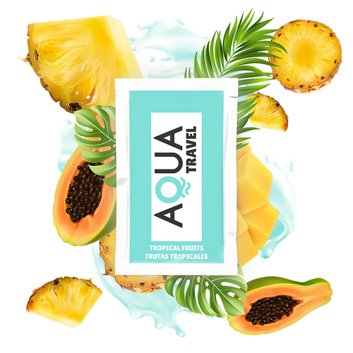 Sachet Aqua Travel lubrifiant gourmand fruits tropicaux entoure d ananas, mangue et papaye fraiches sur eclaboussure turquoise, base eau format nomade