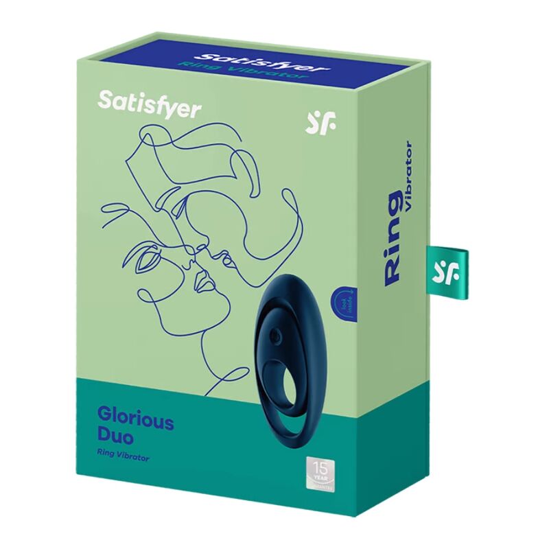 Boite Glorious Duo Ring Vibrator Satisfyer verte, illustration au trait et anneau vibrant bleu. Silicone médical, 12 modes, recharge USB magnétique, étanche.