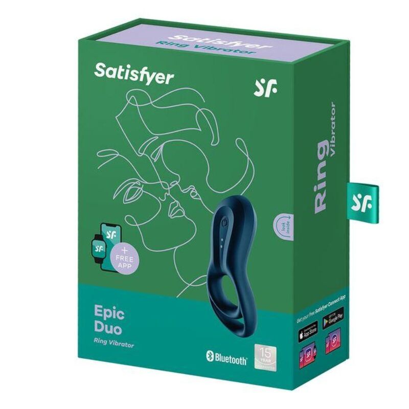 Boite Epic Duo Ring Vibrator Satisfyer verte, illustration au trait et anneau vibrant bleu. Bluetooth, silicone médical, 12 modes, app Satisfyer Connect.