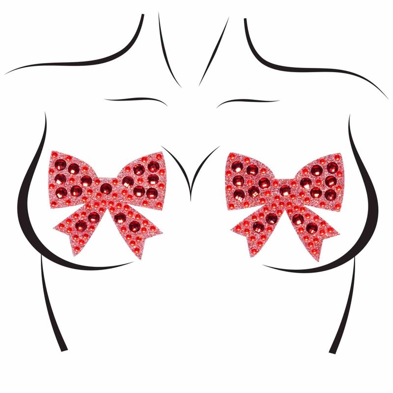 Cache-tetons noeud a strass rouge Leg Avenue presentes sur silhouette schematique : bijoux de poitrine pailletes, sans peau ni corps reel.