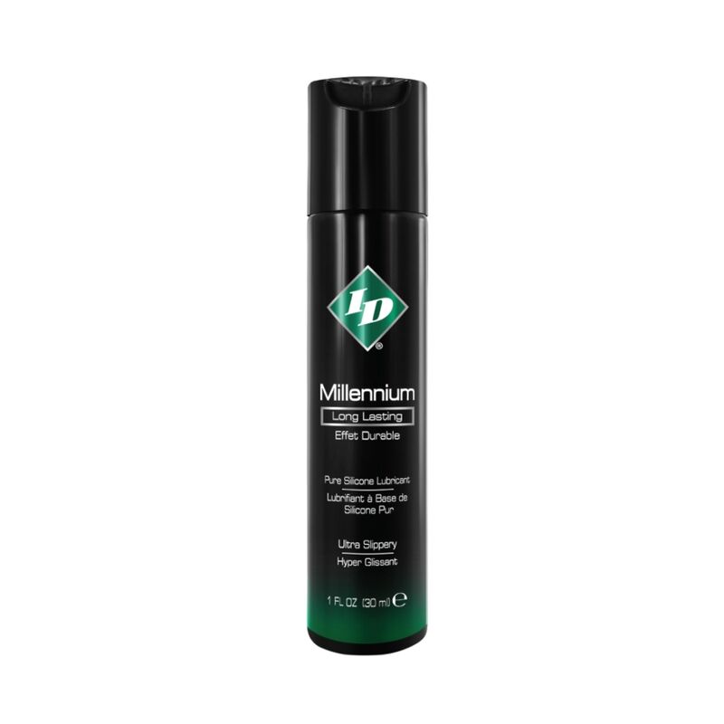 Flacon ID Millennium 30 ml noir a reflets verts, lubrifiant silicone pur leger glisse durable, hyper glissant sans residu collant de face