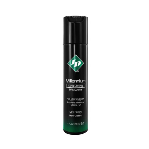 Flacon ID Millennium 30 ml noir a reflets verts, lubrifiant silicone pur leger glisse durable, hyper glissant sans residu collant de face